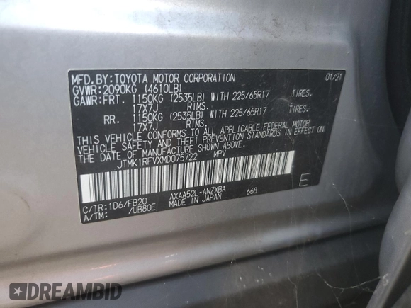 2021 Toyota RAV4 LE with VIN JTMK1RFVXMD075722, listed as a Copart auction lot 72290214 with 0 mi miles and Salvage Title. Bid and sale history available at carsss.com. Image 13.