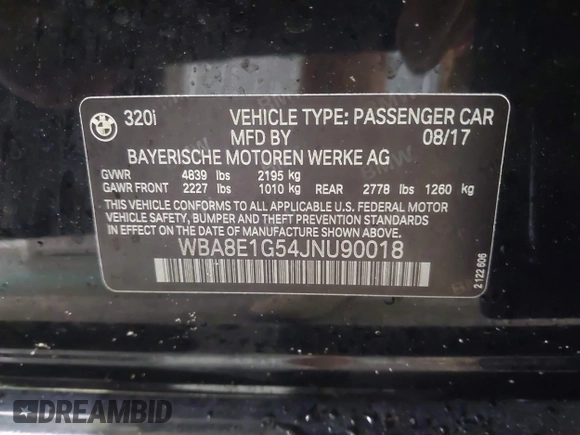 2018 BMW 3 Series 320i with VIN WBA8E1G54JNU90018, listed as a IAAI auction lot 42236134 with 73,589 mi miles and . Bid and sale history available at DreamBid. Image 9.