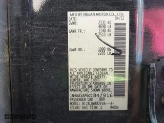 2012 Nissan Maxima 3.5 S with VIN 1N4AA5AP6CC847916, listed as a IAAI auction lot 41867800 with 1 mi miles. Bid and sale history available at carsss.com. Image 9.