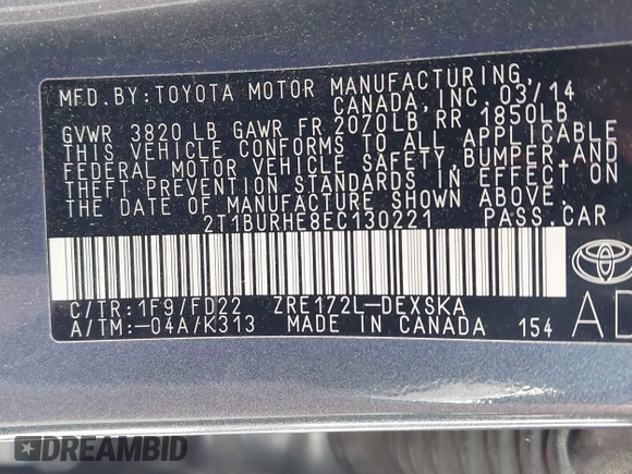 2014 Toyota Corolla L with VIN 2T1BURHE8EC130221, listed as a IAAI auction lot 42005669 with 135,725 mi miles and . Bid and sale history available at DreamBid. Image 9.