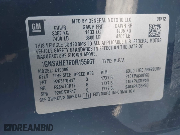 2013 Chevrolet Suburban LS with VIN 1GNSKHE76DR155667, listed as a IAAI auction lot 41053774 with 118,655 mi miles. Bid and sale history available at carsss.com. Image 9.