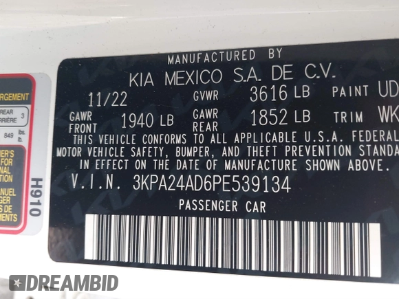2023 Kia Rio LX z VIN 3KPA24AD6PE539134, wystawiony jako IAAI lot #41519326 z przebiegiem 39 925 mil mil oraz . Historia ofert i sprzedaży dostępna na DreamBid. Obrazek 9.