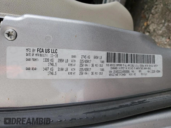 2019 Dodge Grand Caravan SXT with VIN 2C4RDGCG1KR595981, listed as a Copart auction lot 88133645 with 104,852 mi miles and Salvage Title. Bid and sale history available at DreamBid. Image 13.