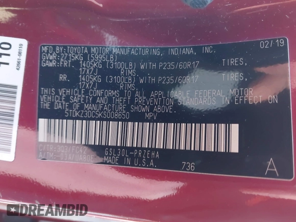 2019 Toyota Sienna LE Auto Access Seat with VIN 5TDKZ3DC5KS008650, listed as a IAAI auction lot 41245967 with 124,538 mi miles and . Bid and sale history available at DreamBid. Image 9.
