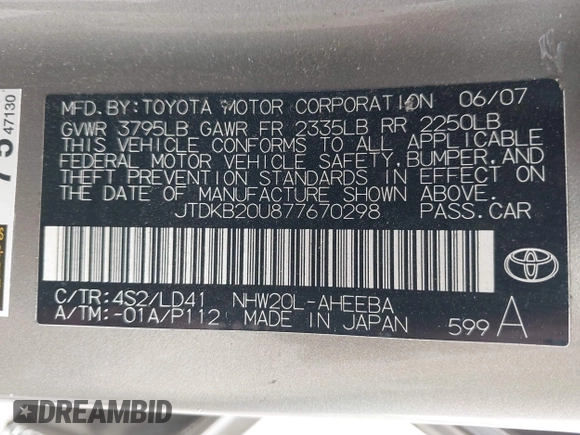 2007 Toyota Prius with VIN JTDKB20U877670298, listed as a IAAI auction lot 42485412 with 178,282 mi miles and . Bid and sale history available at DreamBid. Image 9.