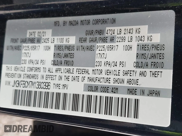 2021 Mazda CX-5 Touring with VIN JM3KFBCM7M1380396, listed as a IAAI auction lot 41707612 with 55,555 mi miles. Bid and sale history available at carsss.com. Image 9.
