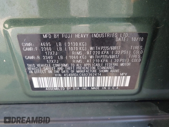 2011 Subaru Outback Limited Power Moon with VIN 4S4BRDLC6B2362414, listed as a IAAI auction lot 41984847 with 111,089 mi miles and . Bid and sale history available at DreamBid. Image 9.