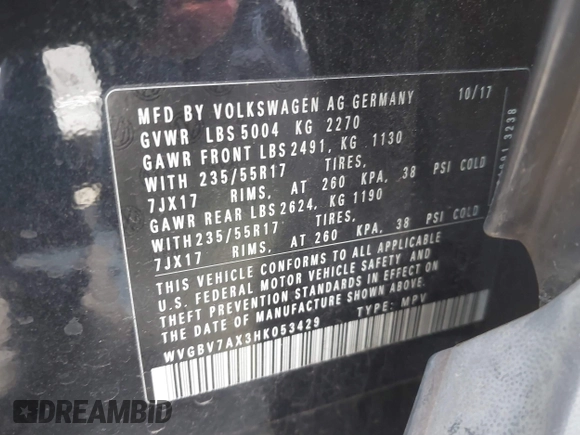 2017 Volkswagen Tiguan S with VIN WVGBV7AX3HK053429, listed as a IAAI auction lot 41610376 with 85,807 mi miles and . Bid and sale history available at DreamBid. Image 9.