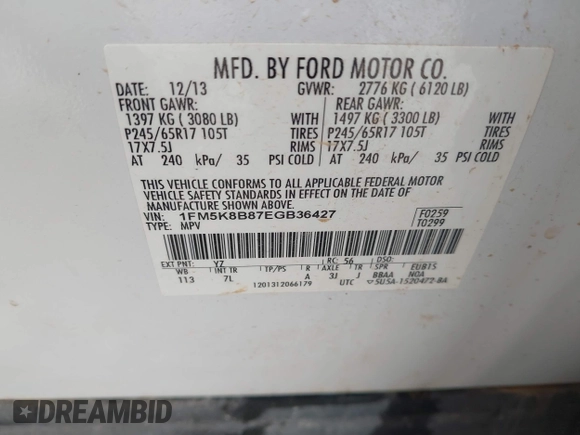 2014 Ford Explorer with VIN 1FM5K8B87EGB36427, listed as a IAAI auction lot 42568797 with 213,922 mi miles and . Bid and sale history available at DreamBid. Image 9.