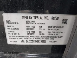 2020 Tesla Model X P90D with VIN 5YJXCDE4XLF296255, listed as a IAAI auction lot 42087953 with 45,411 mi miles. Bid and sale history available at carsss.com. Image 9.