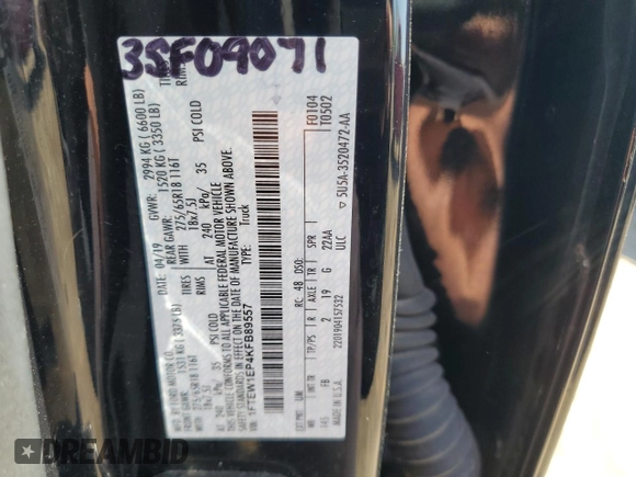 2019 Ford F-150 XL with VIN 1FTEW1EP4KFB89557, listed as a Copart auction lot 55915915 with 87,299 mi miles and Clean title. Bid and sale history available at DreamBid. Image 12.