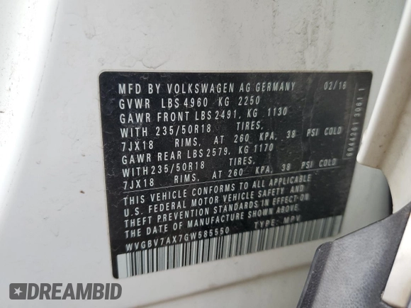 2016 Volkswagen Tiguan S with VIN WVGBV7AX7GW585550, listed as a Copart auction lot 54253155 with 91,827 mi miles and Salvage Title. Bid and sale history available at DreamBid. Image 13.