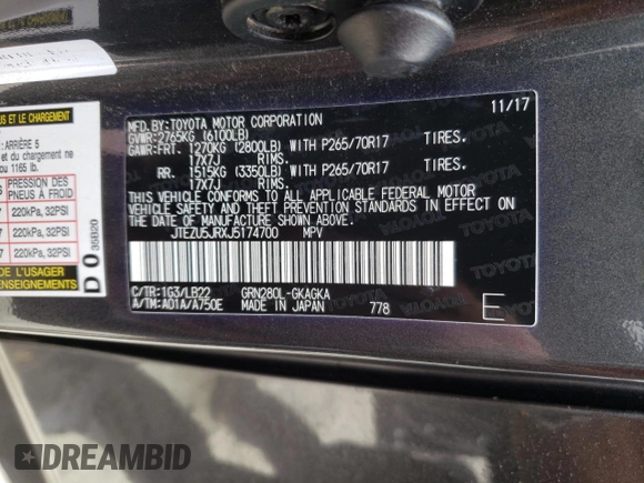 2018 Toyota 4Runner SR5 с VIN JTEZU5JRXJ5174700, выставлен на аукционе Copart как лот 54109885 с пробегом 90 693 миль миль и Списание • Salvage title. История ставок и продаж доступна на DreamBid. Изображение 14.