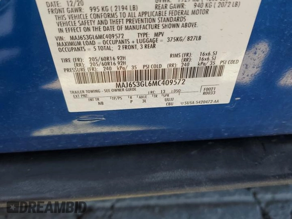 2021 Ford EcoSport SE z VIN MAJ6S3GL6MC409572, wystawiony jako Copart lot #53320685 z przebiegiem 26 448 mil mil oraz Szkoda całkowita • Salvage title. Historia ofert i sprzedaży dostępna na DreamBid. Obrazek 15.