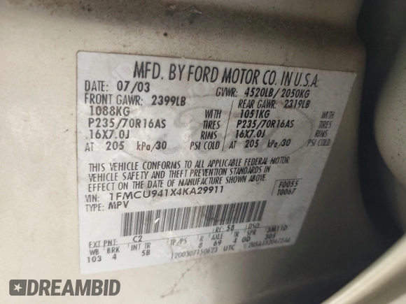 2004 Ford Escape Limited с VIN 1FMCU941X4KA29911, выставлен на аукционе IAAI как лот 42403424 с пробегом Не указан миль и . История ставок и продаж доступна на DreamBid. Изображение 9.