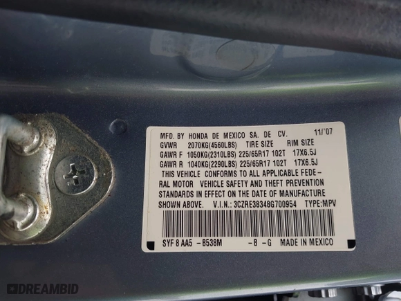 2008 Honda CR-V LX with VIN 3CZRE38348G700954, listed as a IAAI auction lot 37268497 with 140,121 mi miles. Bid and sale history available at carsss.com. Image 9.