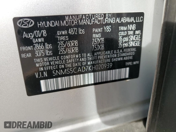 2019 Hyundai Santa Fe Ultimate with VIN 5NMS5CAD7KH020939, listed as a Copart auction lot 86614834 with 21,782 mi miles and Salvage Title. Bid and sale history available at carsss.com. Image 13.
