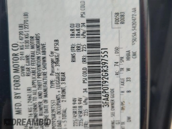 2016 Ford Fusion SE with VIN 3FA6P0T92GR397551, listed as a Copart auction lot 51570385 with 65,005 mi miles and Salvage title. Bid and sale history available at DreamBid. Image 12.
