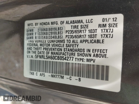 2012 Honda Odyssey EX-L with VIN 5FNRL5H60CB054277, listed as a IAAI auction lot 42459861 with 205,722 mi miles and . Bid and sale history available at DreamBid. Image 9.