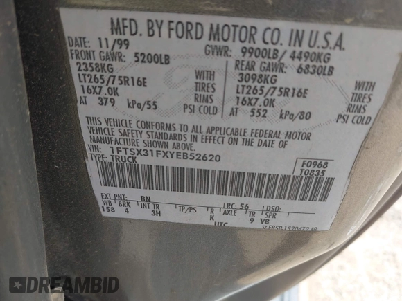 2000 Ford F-350 XL with VIN 1FTSX31FXYEB52620, listed as a IAAI auction lot 41944992 with 213,712 mi miles and . Bid and sale history available at DreamBid. Image 9.