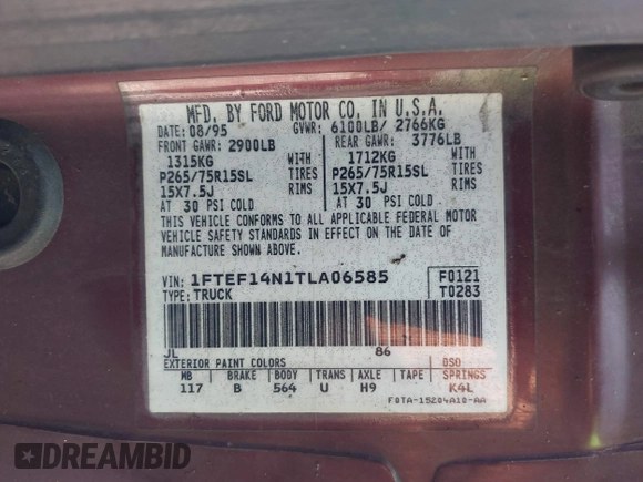 1996 Ford F-150 with VIN 1FTEF14N1TLA06585, listed as a IAAI auction lot 42393211 with Not provided miles and . Bid and sale history available at DreamBid. Image 9.
