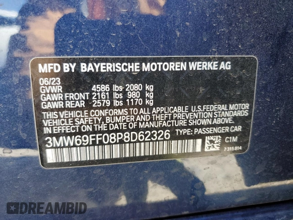 2023 BMW 3 Series 330i with VIN 3MW69FF08P8D62326, listed as a Copart auction lot 45002075 with 15,058 mi miles and Salvage Title. Bid and sale history available at carsss.com. Image 12.