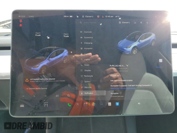 2022 Tesla Model Y Long Range with VIN 7SAYGDEE8NF551850, listed as a Copart auction lot 52747195 with 62,340 mi miles and Salvage Title. Bid and sale history available at carsss.com. Image 9.