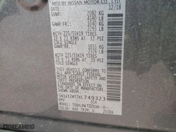 2019 Nissan Rogue SL with VIN 5N1AT2MT7KC749323, listed as a Copart auction lot 45727925 with 101,235 mi miles and Salvage Title. Bid and sale history available at carsss.com. Image 14.