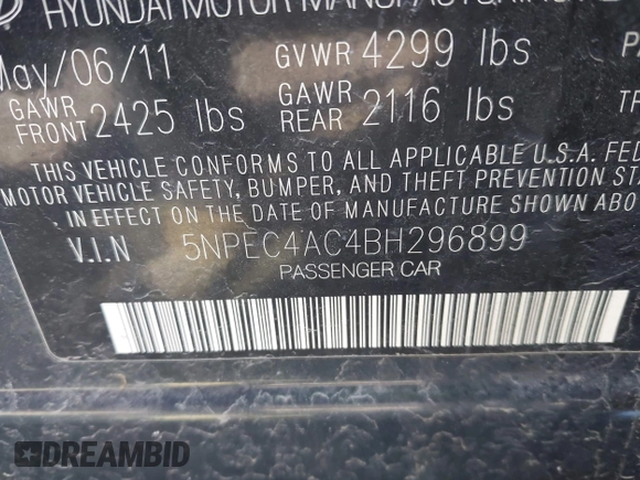 2011 Hyundai Sonata Limited with VIN 5NPEC4AC4BH296899, listed as a IAAI auction lot 42097742 with 147,010 mi miles and . Bid and sale history available at DreamBid. Image 9.