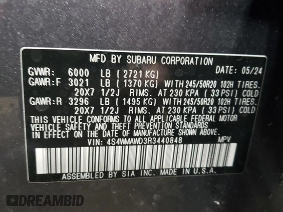 2024 Subaru Ascent Touring с VIN 4S4WMAWD3R3440848, выставлен на аукционе Copart как лот 48010315 с пробегом 2 898 миль миль и Списание • Salvage title. История ставок и продаж доступна на DreamBid. Изображение 13.