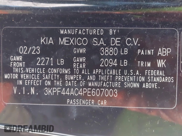 2023 Kia Forte GT with VIN 3KPF44AC4PE607003, listed as a IAAI auction lot 41628064 with 33,844 mi miles and . Bid and sale history available at carsss.com. Image 9.