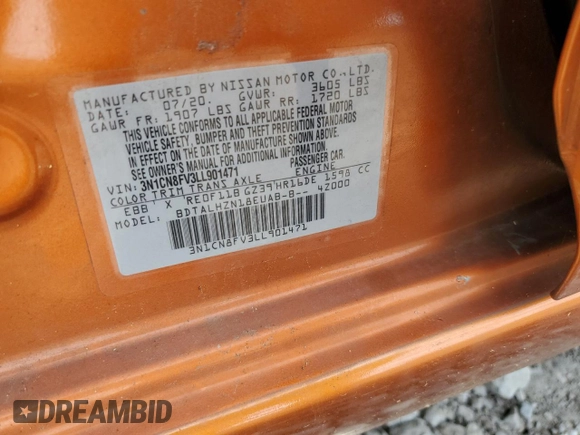 2020 Nissan Versa SR с VIN 3N1CN8FV3LL901471, выставлен на аукционе Copart как лот 60702515 с пробегом 98 797 миль миль и Списание • Salvage title. История ставок и продаж доступна на DreamBid. Изображение 12.