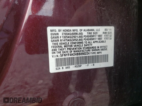 2011 Honda Pilot LX with VIN 5FNYF4H24BB090224, listed as a Copart auction lot 62378855 with 159,469 mi miles and Salvage title. Bid and sale history available at DreamBid. Image 13.