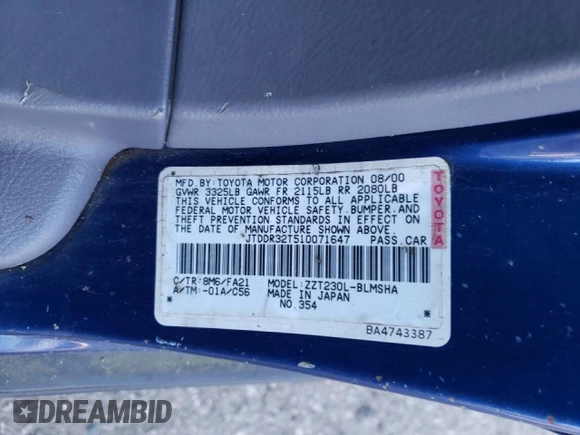 2001 Toyota Celica GT z VIN JTDDR32T510071647, wystawiony jako Copart lot #44465265 z przebiegiem 237 444 mil mil oraz Czysty tytuł • Clean title. Historia ofert i sprzedaży dostępna na DreamBid. Obrazek 12.
