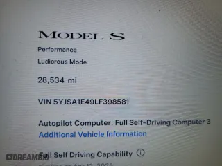2020 Tesla Model S Performance with VIN 5YJSA1E49LF398581, listed as a Copart auction lot 50723735 with 28,534 mi miles and Salvage Title. Bid and sale history available at carsss.com. Image 9.