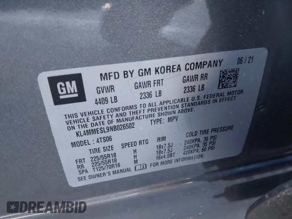 2022 Buick Encore GX Select с VIN KL4MMESL9NB026502, выставлен на аукционе IAAI как лот 41589247 с пробегом 33 375 миль миль и . История ставок и продаж доступна на DreamBid. Изображение 9.