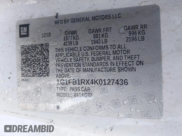 2019 Chevrolet Camaro 1LT z VIN 1G1FB1RX4K0127436, wystawiony jako IAAI lot #41868960 z przebiegiem Nie podano mil oraz . Historia ofert i sprzedaży dostępna na DreamBid. Obrazek 9.