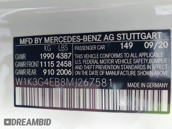2021 Mercedes-Benz A 220 with VIN W1K3G4EB8MJ267581, listed as a IAAI auction lot 42561173 with 56,608 mi miles and . Bid and sale history available at DreamBid. Image 9.