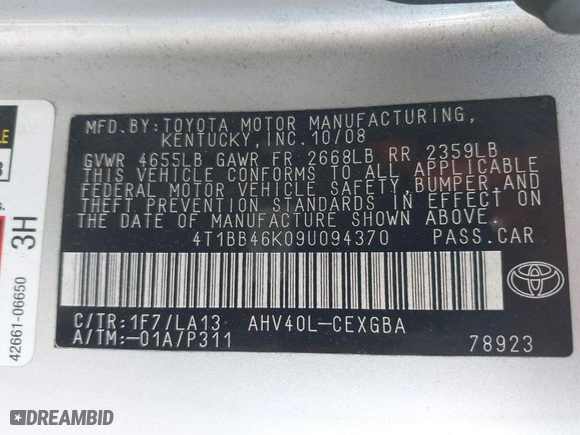 2009 Toyota Camry Hybrid with VIN 4T1BB46K09U094370, listed as a IAAI auction lot 41988192 with 122,436 mi miles. Bid and sale history available at carsss.com. Image 9.