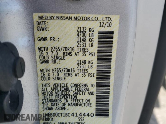 2011 Nissan Frontier S with VIN 1N6BD0CT1BC414440, listed as a Copart auction lot 52670115 with 179,879 mi miles and Salvage title. Bid and sale history available at DreamBid. Image 12.