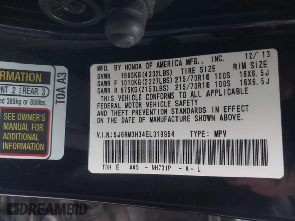 2014 Honda CR-V LX with VIN 5J6RM3H34EL019954, listed as a IAAI auction lot 41514587 with 158,829 mi miles. Bid and sale history available at carsss.com. Image 9.