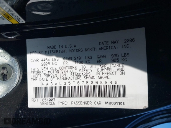 2007 Mitsubishi Eclipse GT with VIN 4A3AL35T67E008940, listed as a IAAI auction lot 41611439 with 127,124 mi miles and . Bid and sale history available at DreamBid. Image 9.