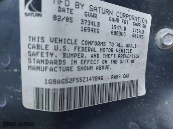 2005 Saturn ION with VIN 1G8AG52F55Z147846, listed as a IAAI auction lot 41133511 with 257,279 mi miles. Bid and sale history available at carsss.com. Image 9.
