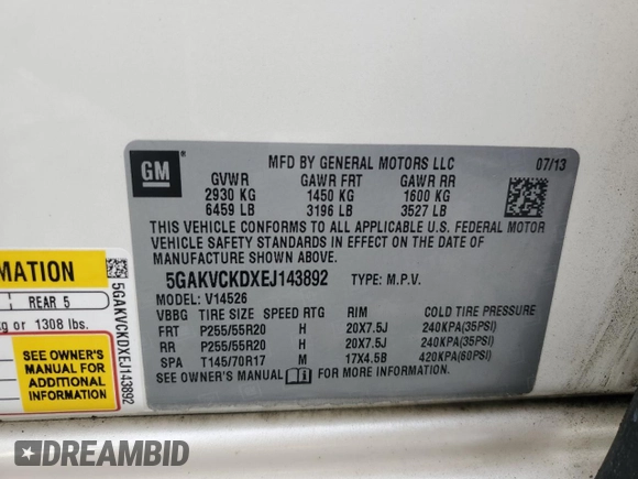 2014 Buick Enclave Premium with VIN 5GAKVCKDXEJ143892, listed as a Copart auction lot 51901205 with 165,813 mi miles and Clean Title. Bid and sale history available at DreamBid. Image 13.