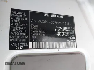 2017 Mercedes-Benz Sprinter Cargo Worker with VIN WD3PE7CD7HP561915, listed as a IAAI auction lot 41915896 with Not Provided miles. Bid and sale history available at carsss.com. Image 9.