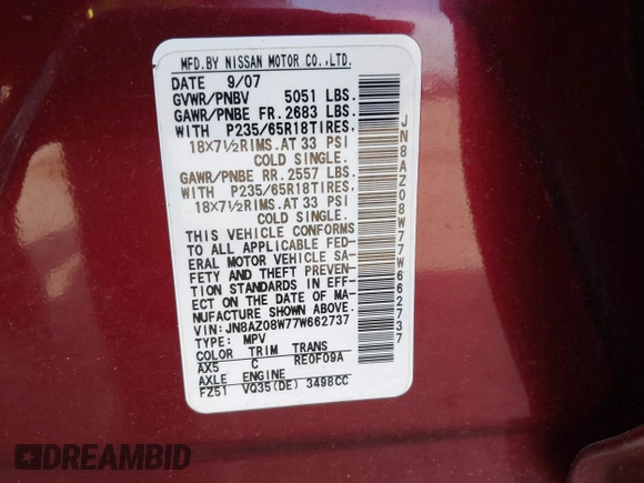 2007 Nissan Murano S with VIN JN8AZ08W77W662737, listed as a IAAI auction lot 42115990 with 98,755 mi miles and . Bid and sale history available at DreamBid. Image 9.