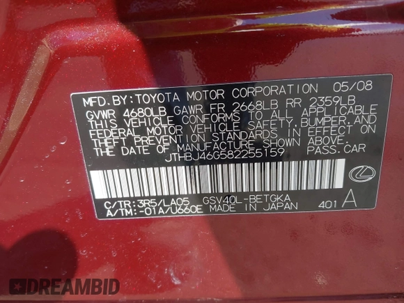 2008 Lexus ES 350 with VIN JTHBJ46G582255159, listed as a IAAI auction lot 42048577 with 205,472 mi miles. Bid and sale history available at carsss.com. Image 9.