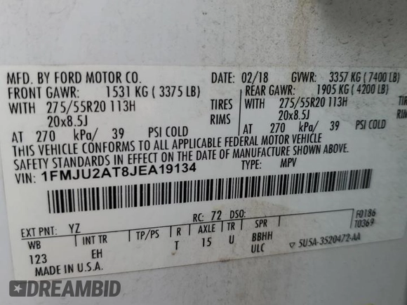 2018 Ford Expedition Limited with VIN 1FMJU2AT8JEA19134, listed as a Copart auction lot 56781885 with 78,070 mi miles and Salvage title. Bid and sale history available at DreamBid. Image 13.
