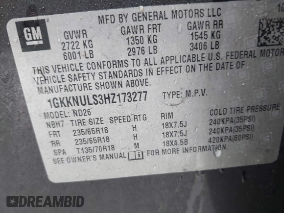 2017 GMC Acadia SLT with VIN 1GKKNULS3HZ173277, listed as a IAAI auction lot 41919159 with 106,446 mi miles and . Bid and sale history available at carsss.com. Image 9.
