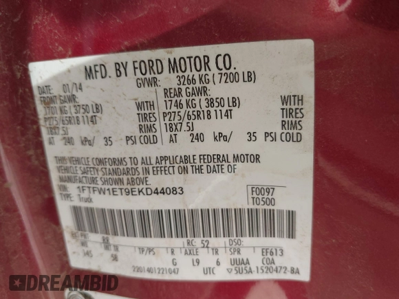 2014 Ford F-150 XL with VIN 1FTFW1ET9EKD44083, listed as a IAAI auction lot 41809060 with 174,653 mi miles and . Bid and sale history available at DreamBid. Image 9.